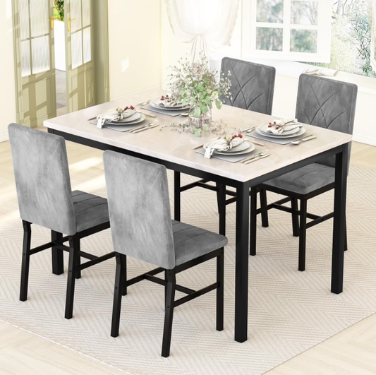 Baxluxe Dining Table Set for 4, Marble Kitchen Table Set with 4 Diamond-Shaped Velvet Dining Chairs for Small Spaces, Apartments, Breakfast Corners, Kitchens and Dining Rooms (Beige/Gray)