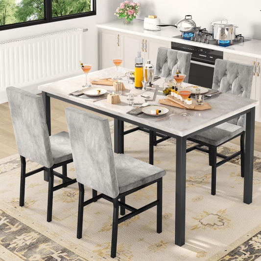 Baxluxe Dining Table Set for 4, Space Saving Rectangle Dining Table with 4 Velvet Dining Chairs, Faux Marble Kitchen Table and Chairs Set, Modern Dining Room Set for Kitchen, Pub, Beige+Gray