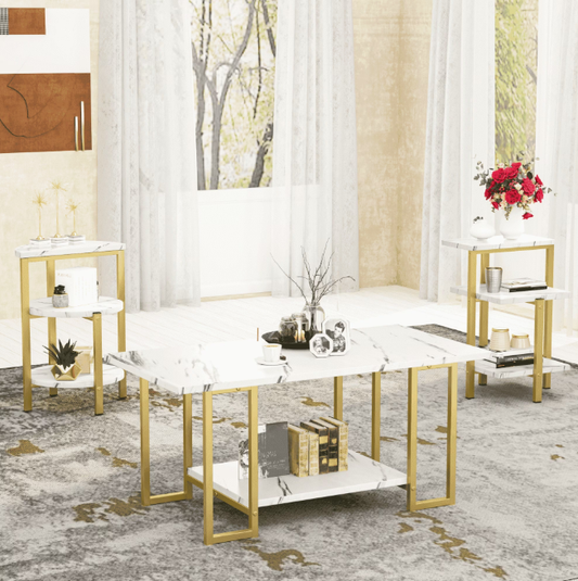 Baxluxe 3 Pieces Faux Marble Table Set, Modern Rectangle Coffee Table with 2 Side Table, Faux Marble Tabletop and Metal Frame, 3 Pieces Table Sets for Living Room, Apartment, White & Black