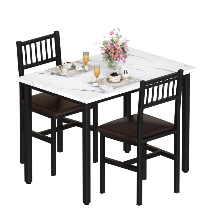 Baxluxe Modern Artificial Marble Dining Table Set, 2-Person Kitchen Dining Set with 2 PU Leather Backrest Chairs, Table and Chair Set, Suitable for Kitchen, Dining Room, Breakfast Nook, Apartment