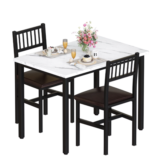 Baxluxe Modern Artificial Marble Dining Table Set, 2-Person Kitchen Dining Set with 2 PU Leather Backrest Chairs, Table and Chair Set, Suitable for Kitchen, Dining Room, Breakfast Nook, Apartment