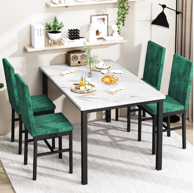 Baxluxe 4 Person Dining Table Set, White Marble Dining Table with 4 Velvet Upholstered Chairs, Space Saving Dining Table, Breakfast Table, Breakfast Table for Kitchen, Living Room and Breakfast Corner
