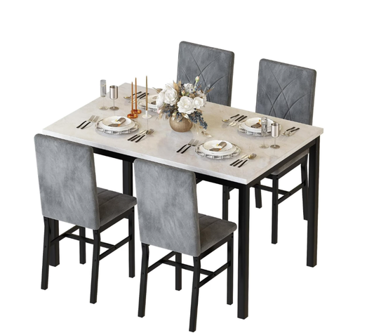Baxluxe Kitchen Dining Set for 4 with Marble Dining Chairs and 4 Plush Upholstered Chairs for Apartments, Kitchens, Dining Rooms, Breakfast Corners and Small Spaces