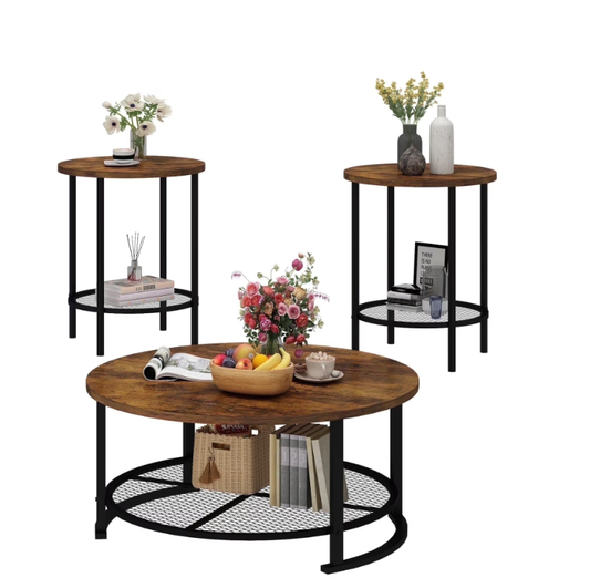 Baxluxe 3-Piece Modern Living Room Table Set, Coffee Table and 2 End Side Tables, Rustic Brown
