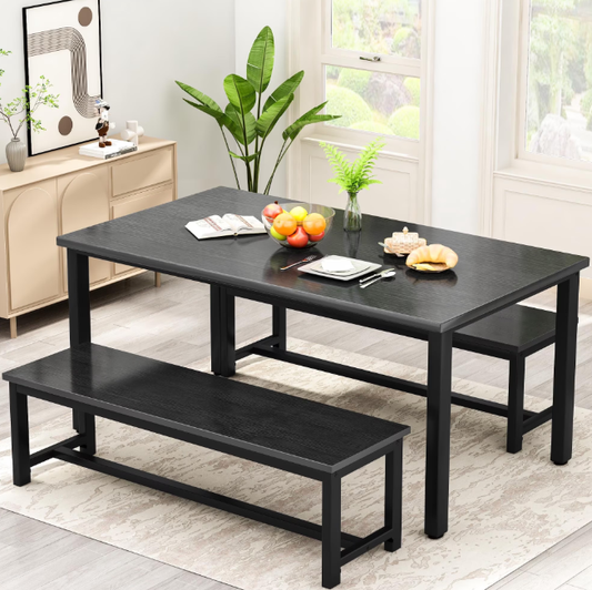 Baxluxe Dining Table Set with Two Benches, Kitchen Table Set for 4-6 Persons for Home, Kitchen and Dining Room,Black