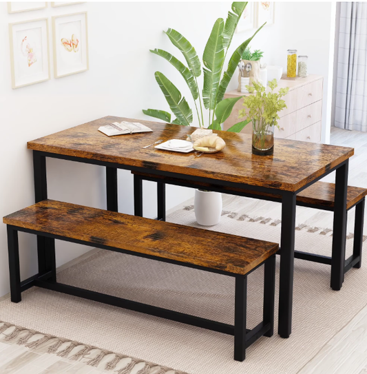 Baxluxe Dining Table Set with Two Benches, Kitchen Table Set for 4-6 Persons, Kitchen Table of 43.4 x 23.7 x 28.6 Inches, Bench of 38.6 x 11.9 x 17.6 Inches Each, Rustic Brown and Black