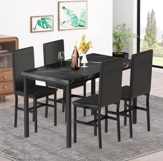 Baxluxe 5-Peice Dining Table Set, Faux Marble Dining Room Table and Chairs Set, Rectangle Kitchen Table Set with Durable Metal Frame and Upholstered Chairs, for Dining Room, Kitchen, Black