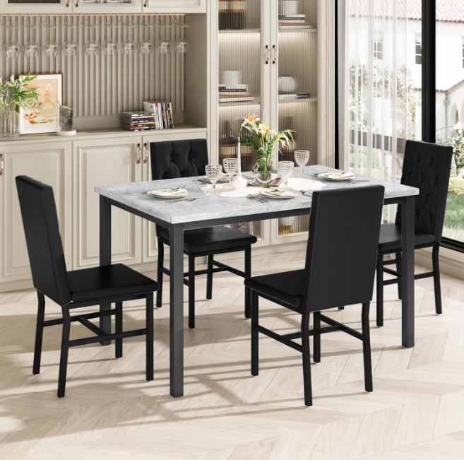 Baxluxe Marble Dining Table Set for 4, Faux Marble Kitchen Table and Chairs Set, 5 Pieces Rectangle Dining Table with 4 Leather Dining Chairs, Gray+Black