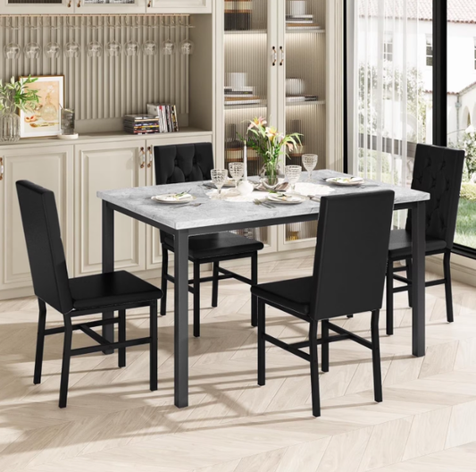 Baxluxe Marble Dining Table Set for 4, Faux Marble Kitchen Table and Chairs Set, 5 Pieces Rectangle Dining Table with 4 Leather Dining Chairs, Gray+Black