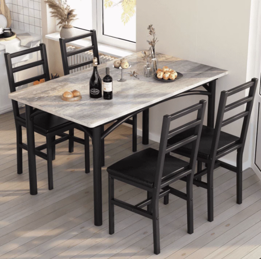Baxluxe 4-Person Dining Set, Farmhouse Kitchen Table and Chair Set, Solid Wood Dining Table with 4 PU Upholstered Chairs, Suitable for Kitchens, Apartments, Dining Rooms, Farmhouse Gray
