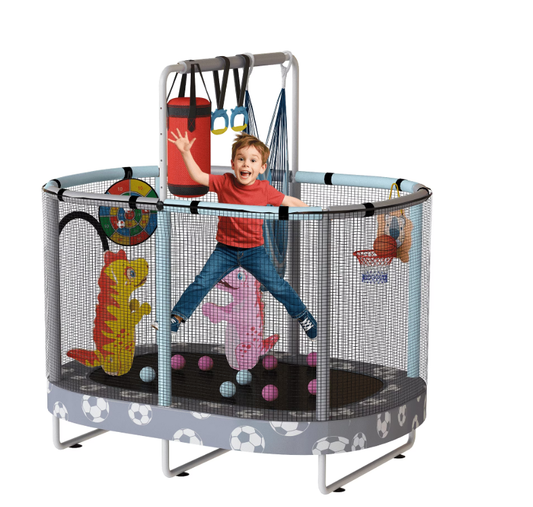Baxluxe 60" Kids Trampoline 7-in-1, Elliptic Toddler Trampoline with Safety Enclosure Net, Height Adjustable Handrail & 500lbs Capacity, Mini Bouncer with Swing for Age 3-8, Gray Football