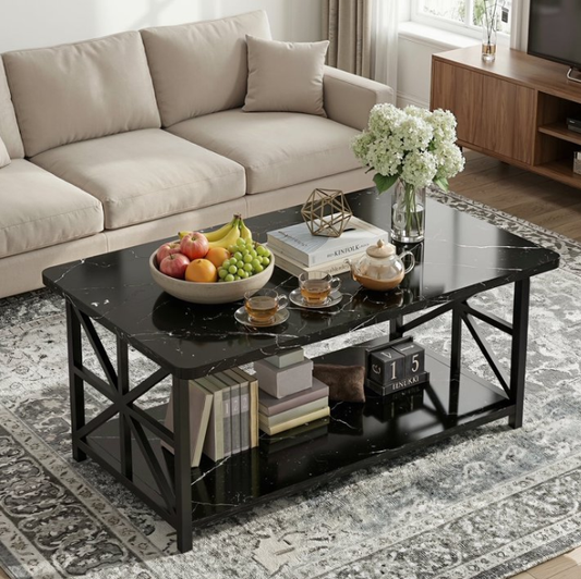 Baxluxe Coffee Table with Round Corners, 2 Tier Coffee Table with Storage Shelf, Rectangular Center Table for Living Room Modern Style, Marble Tea Table 39.37 × 21.65 Inches, Easy to Assemble, Black