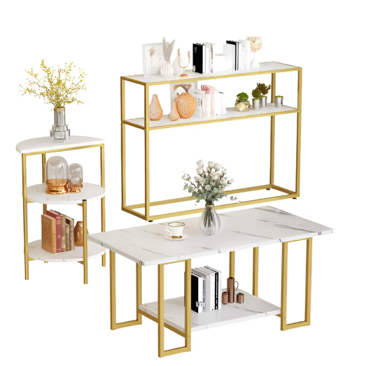Baxluxe Storage Multi 3 Tiers 2 Pieces Marble Coffee Table, 2 Side Table, White/Gold