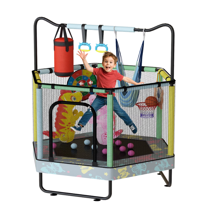 Baxluxe Toddler Trampoline with Enclosure, 440 lbs Indoor Outdoor Mini Trampoline with Adjustable Gymnastics Bar, Basketball Hoop and Toys, No-Gap Trampoline for Ages 3-8