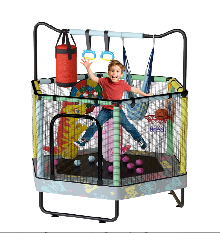 Baxluxe Toddler Trampoline with Enclosure, 440 lbs Indoor Outdoor Mini Trampoline with Adjustable Gymnastics Bar, Basketball Hoop and Toys, No-Gap Trampoline for Ages 3-8