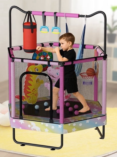 Baxluxe Toddler Trampoline with Enclosure, 440 lbs Indoor Outdoor Mini Trampoline with Adjustable Gymnastics Bar, Basketball Hoop and Toys, No-Gap Trampoline for Ages 3-8