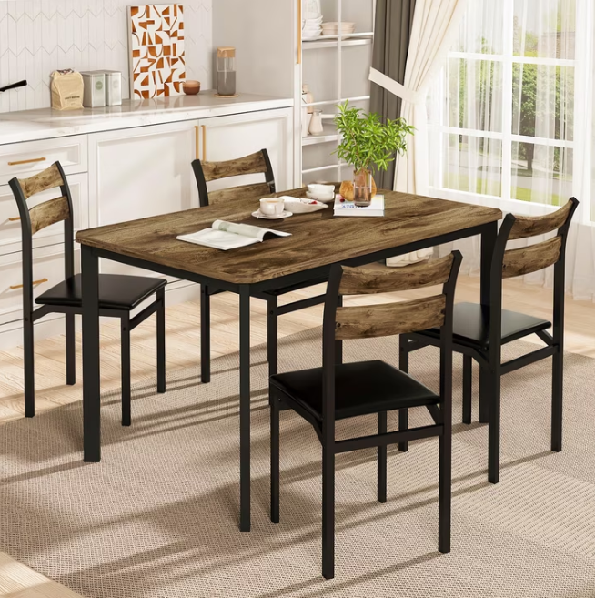 Lamerge 4 Person Dining Table Set, Wooden Dining Table 5 Piece Set with 4 Oak Metal Frame Chairs, Space Saving, Suitable for Apartments, Small Spaces, Kitchens, Breakfast Corners, Espresso Wood
