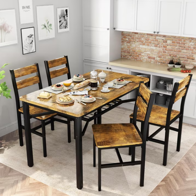 Lamerge 4 Person Dining Table Set, Wooden Dining Table 5 Piece Set with 4 Oak Metal Frame Chairs, Space Saving, Suitable for Apartments, Small Spaces, Kitchens, Breakfast Corners, Espresso Wood