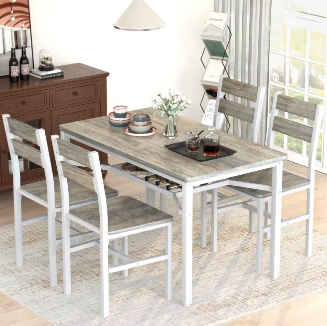 Lamerge 4 Person Dining Table Set, Wooden Dining Table 5 Piece Set with 4 Oak Metal Frame Chairs, Space Saving, Suitable for Apartments, Small Spaces, Kitchens, Breakfast Corners, Espresso Wood
